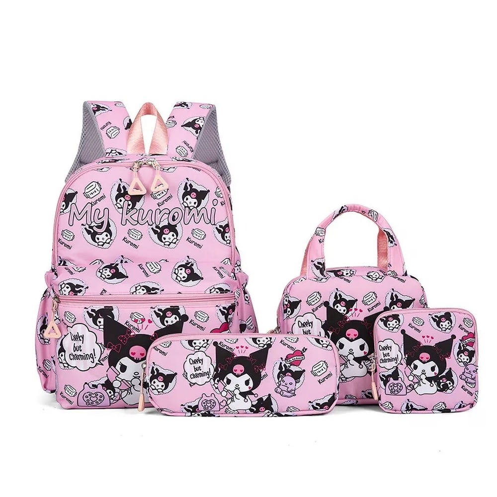 Kuromi Backpack Set 4pcs Pink Black Hello Kitty Melody Bag Set Crossbody